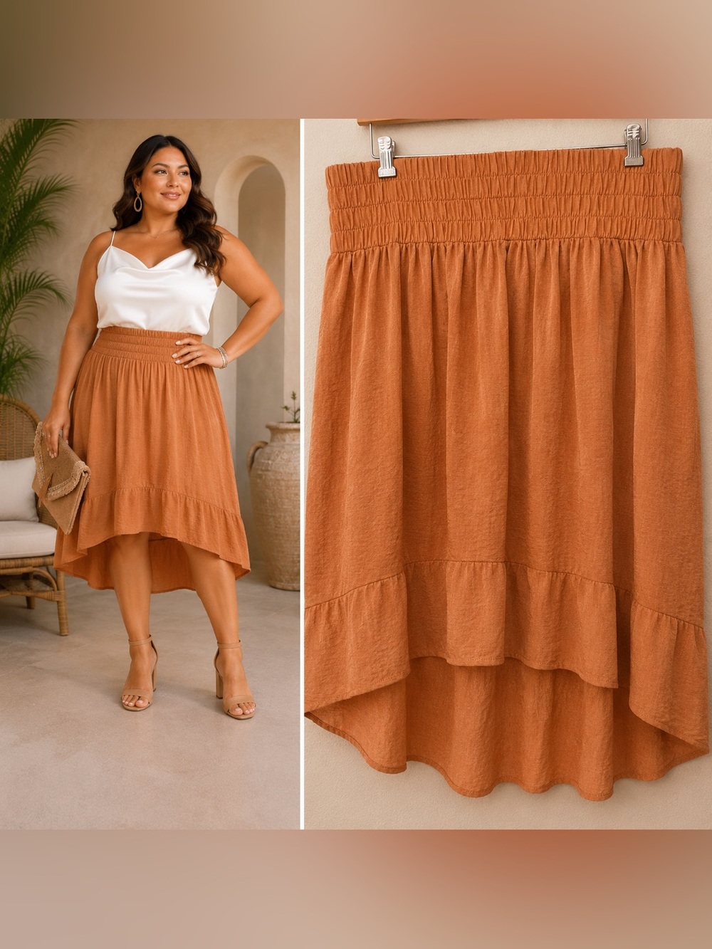 Lane Bryant Plus Size Coral Peach Hi-Low Skirt 18/20 NWT Smocked Waist Crinkle